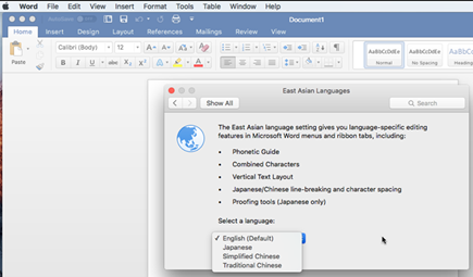 Turn on east asian language features in office for mac